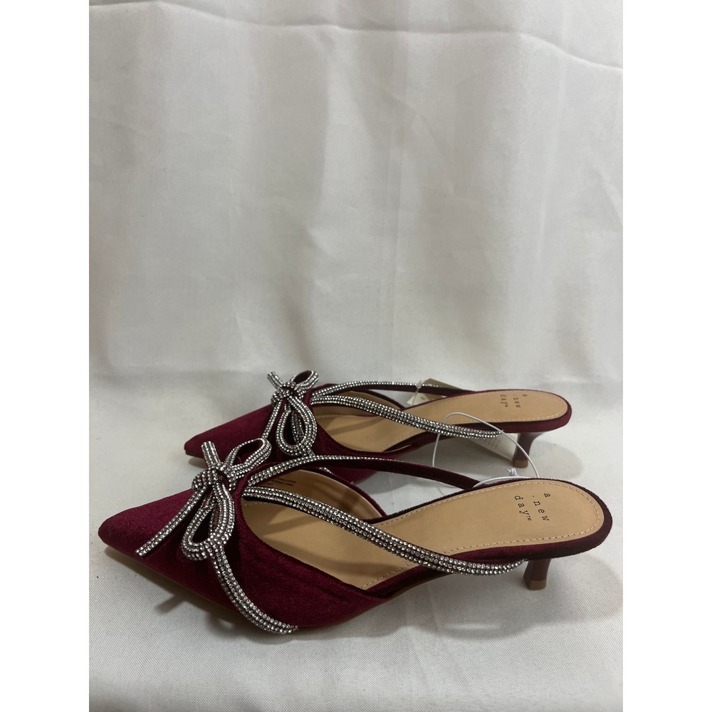 A New Day Burgundy Velvet‎ Rhinestone Bow Kitten Heel Mules Point Toe Slides 6.5